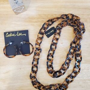 Cookie Lee Brown Tortoise Shell Chain Necklace and Hoop Earrings